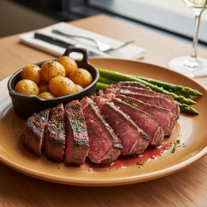 Servierfertiges Rindersteak von Josefsbio – rosa gebraten, in Scheiben geschnitten und mit Röstkartoffeln sowie grünem Spargel appetitlich auf einem Teller angerichtet.