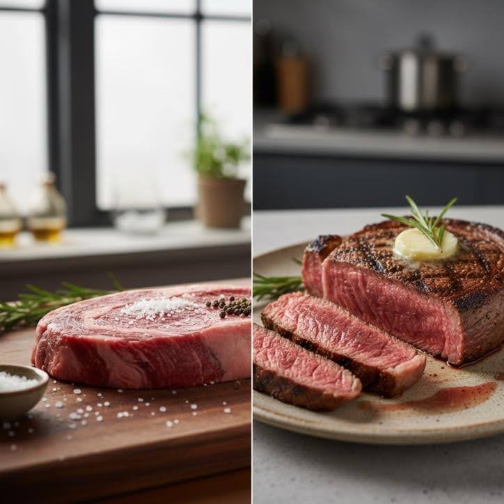 Ein rohes, marmoriertes Rindersteak von Josefsbio neben einem perfekt medium gebratenen Steak mit Kräuterbutter und Rosmarin.